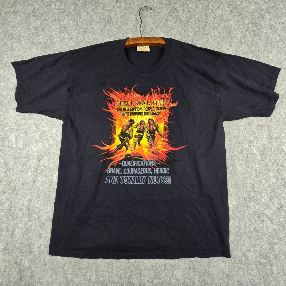 The Mountain Firefighter Help Wanted Burning Building Graphic T-Shirt Mens L